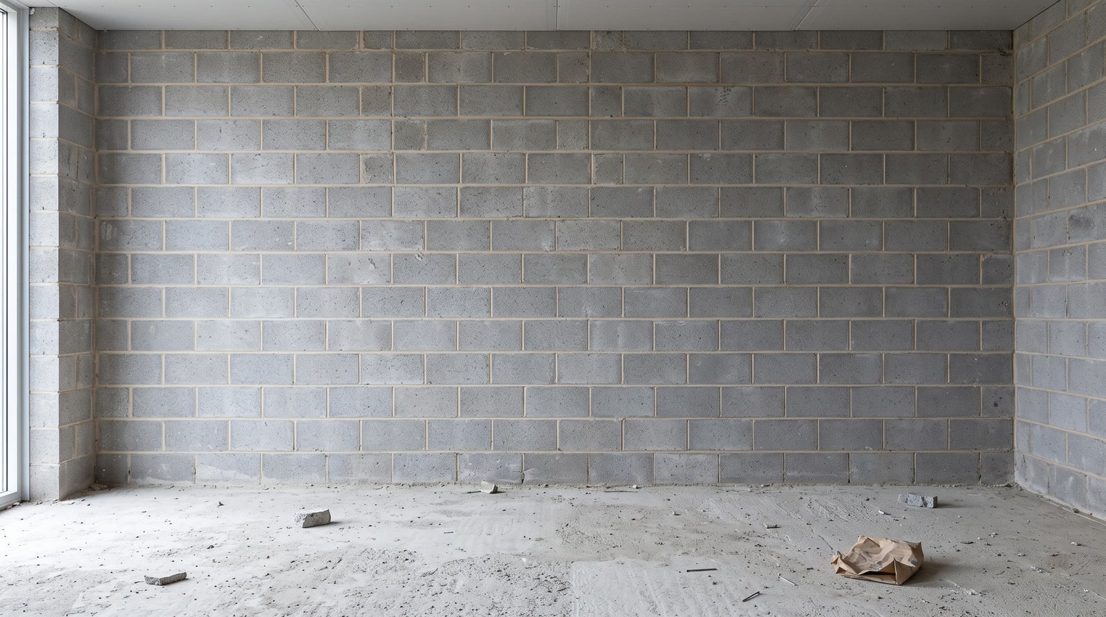 The same room before the work: bare concrete block walls and a rough unlevel slab.
