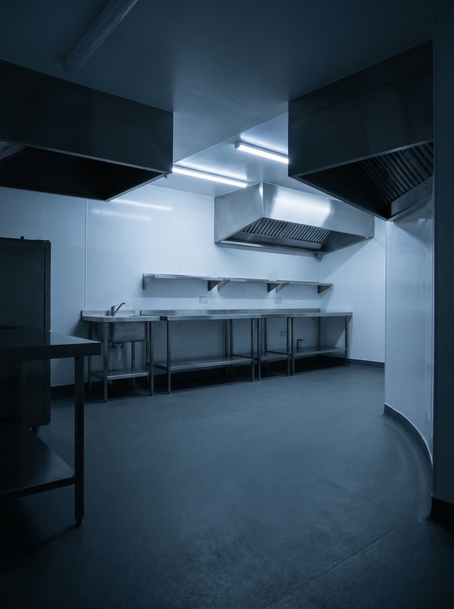 Commercial kitchens, finished in hygienic wall cladding with a coved floor junction.