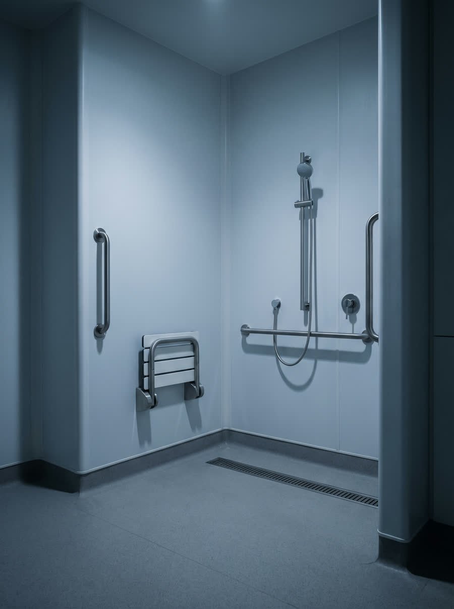Showers and wet rooms, finished in hygienic wall cladding with a coved floor junction.