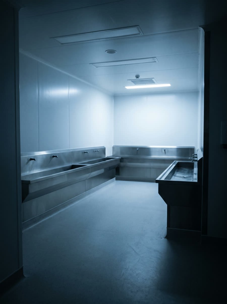 Sterile processing, finished in hygienic wall cladding with a coved floor junction.
