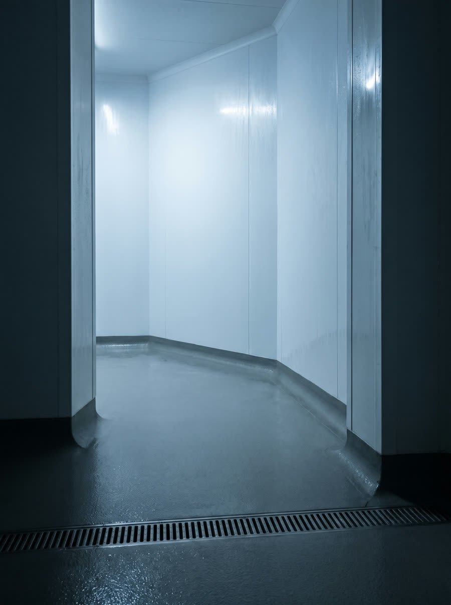 Washdown areas, finished in hygienic wall cladding with a coved floor junction.